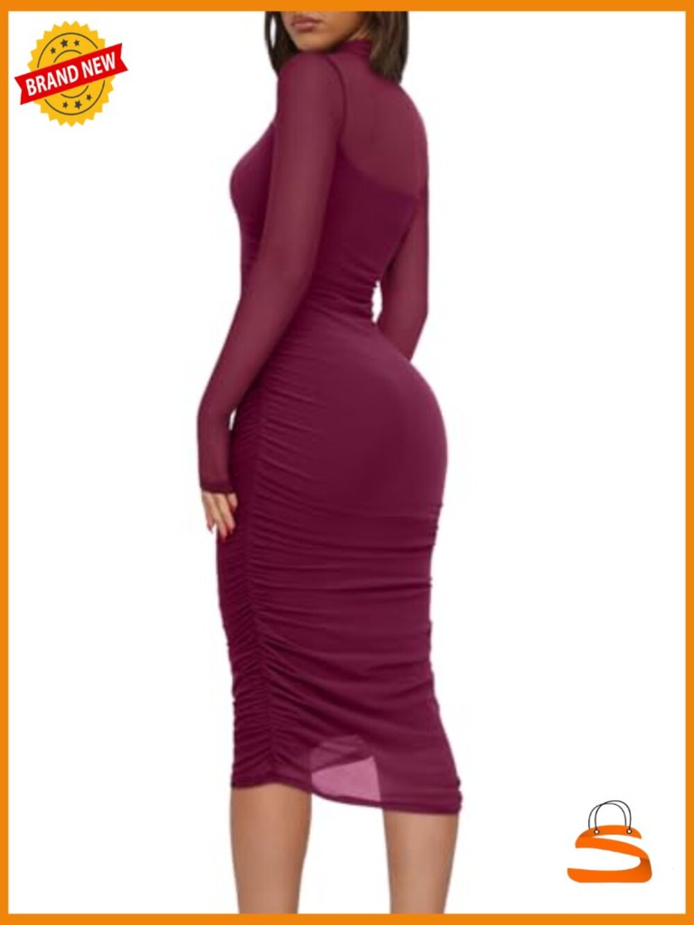 Mesh Sheer Long Sleeve Midi Ruched Bodycon Dress Mock Neck Evening Party - Picture 4 of 7